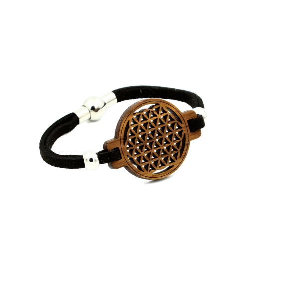 "Flower of Life" bracelet Classic (nut wood) - EYDL - with textile ribbon in black