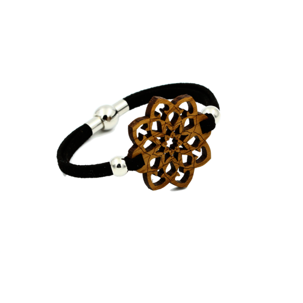 "Mandala" Armband Classic (Nuss) - EYDL - mit Textilband in Schwarz - Holzschmuck
