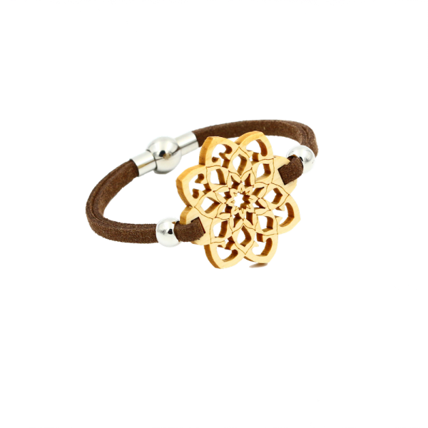 "Mandala" Armband Classic (Zirbe) - EYDL - mit Textilband in Braun - Holzschmuck