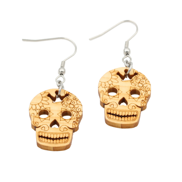 Sugar Skull Ohrringe Classic klein - EYDL - in Zirbe - Holzschmuck