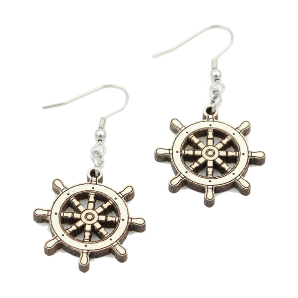 Steuerrad Ohrringe Classic klein - EYDL - in Nuss weiß - Holzschmuck